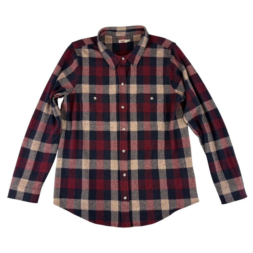 Faherty Legend Sweater Shirt Womens Large Burgundy Navy Plaid Knit WKH2113-BFP